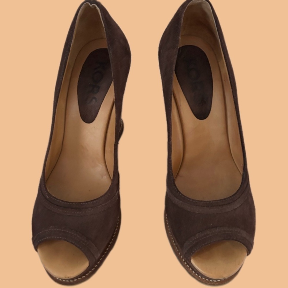 Michael Kors Brown Peep-Toe Suede Wedges - Picture 2 of 11